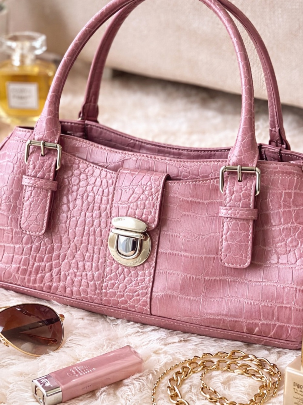 Liz Claiborne Croc Embossed Shoulder Bag Mauve Purple Y2K Baguette Purse